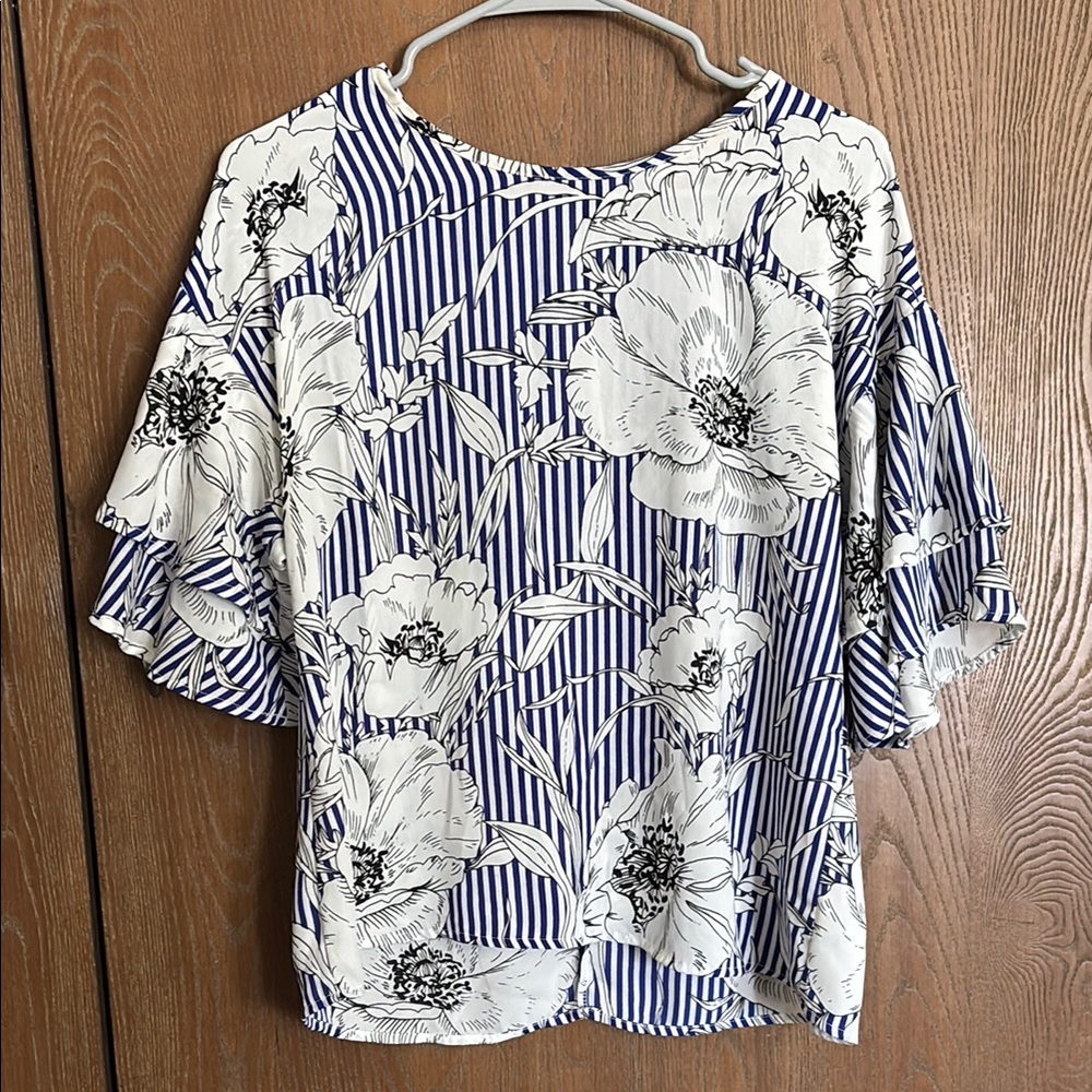 Blue and white striped floral blouse
